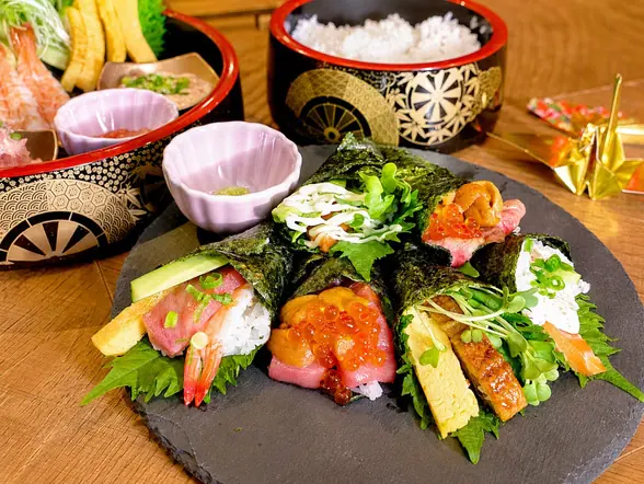 Finished hand-rolled sushi ready to eat